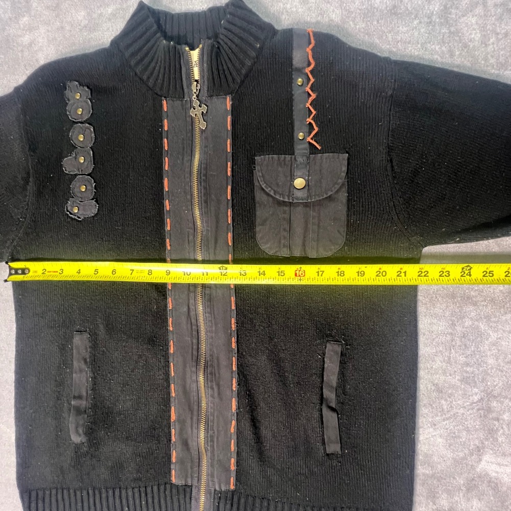 Franky Max Mens Full Zip Sweater Black Gothic Whipstitch Studded Cross Large - Picture 3 of 6